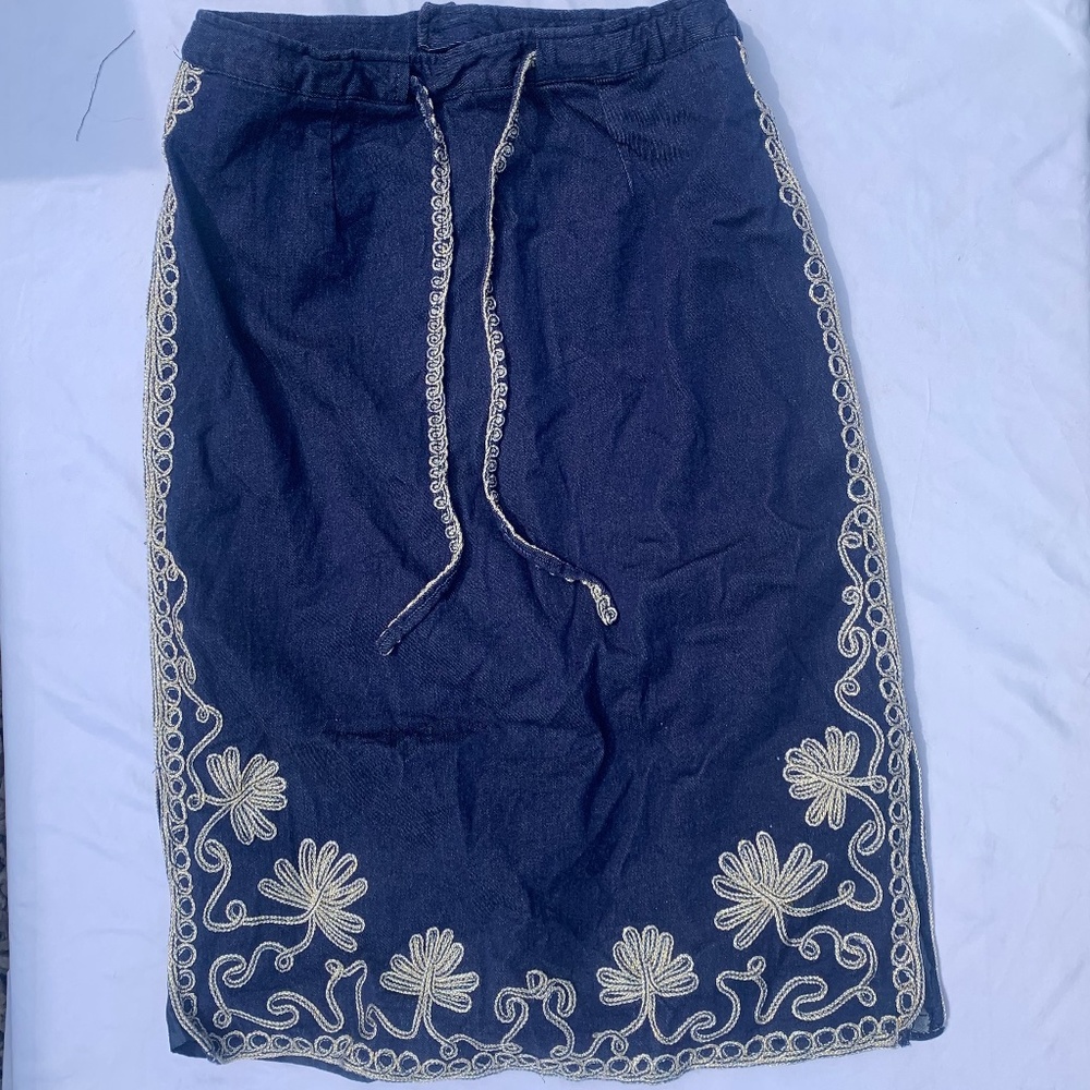 Lew Magram Embroidered Skirt Size16 Denim Silk Midi Skirt Embroidered Drawstring